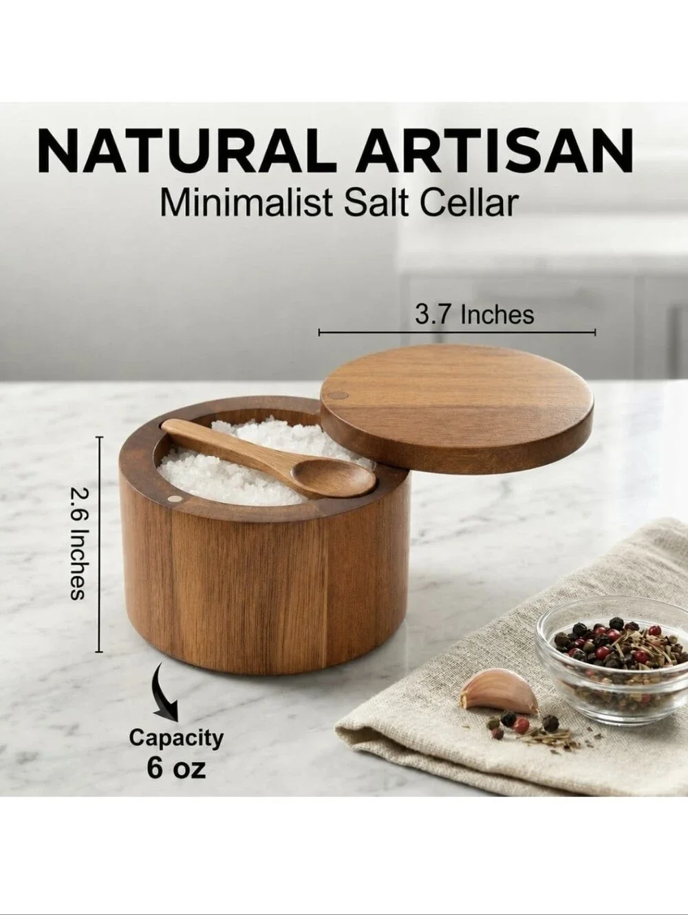 Acacia Wood Salt Cellar with Lid and Spoon